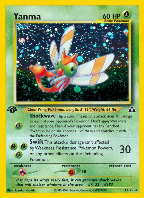 Yanma Pokémon card from Neo Discovery, number 17 (1st Edition print)