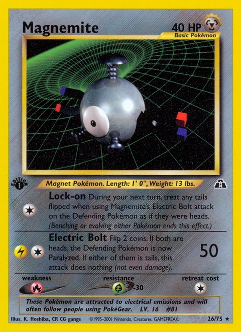 Magnemite Pokémon card from Neo Discovery, number 26 (1st Edition print)