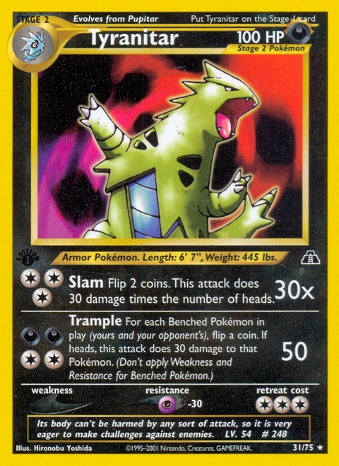 Tyranitar Pokémon card from Neo Discovery, number 31 (1st Edition print)