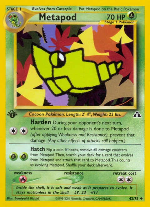 Metapod Pokémon card from Neo Discovery, number 42 (1st Edition print)