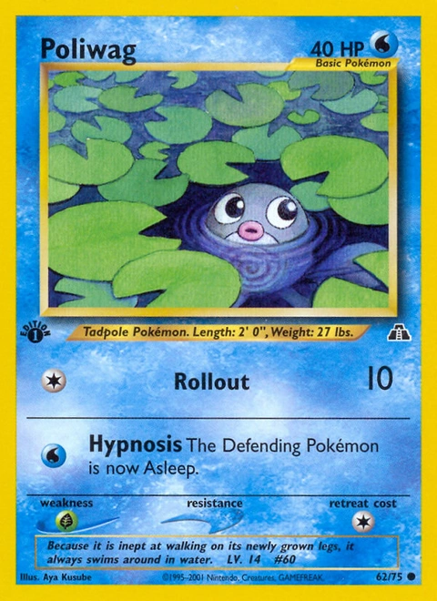 Poliwag Pokémon card from Neo Discovery, number 62 (1st Edition print)