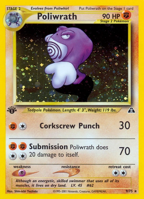 Poliwrath Pokémon card from Neo Discovery, number 9 (1st Edition print)