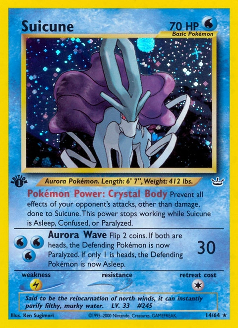 Suicune Pokémon card from Neo Revelation, number 14 (1st Edition print)