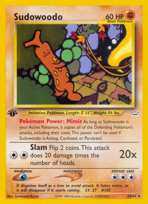 Sudowoodo Pokémon card from Neo Revelation, number 26 (1st Edition print)