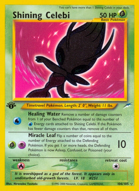 Shining Celebi Pokémon card from Neo Destiny, number 106 (1st Edition print)