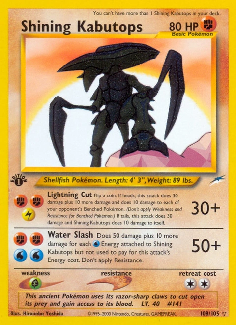 Shining Kabutops Pokémon card from Neo Destiny, number 108 (1st Edition print)