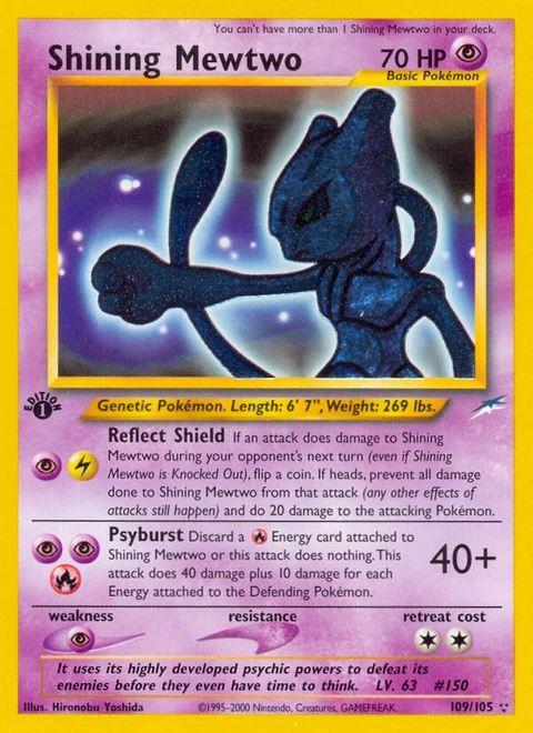 Shining Mewtwo Pokémon card from Neo Destiny, number 109 (1st Edition print)
