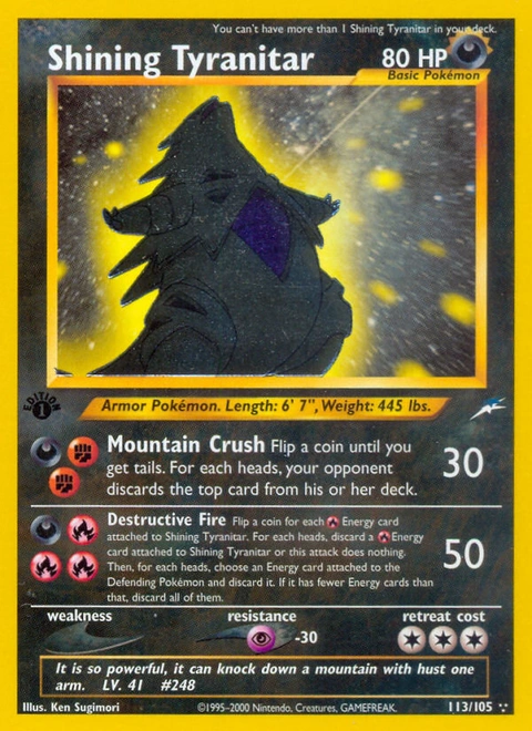 Shining Tyranitar Pokémon card from Neo Destiny, number 113 (1st Edition print)