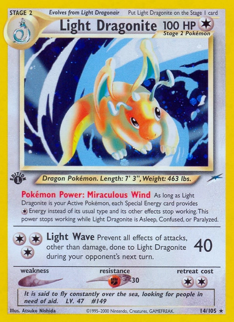 Light Dragonite Pokémon card from Neo Destiny, number 14 (1st Edition print)