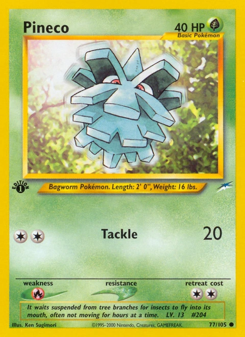Pineco Pokémon card from Neo Destiny, number 77 (1st Edition print)