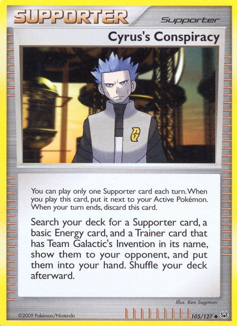 Cyrus's Conspiracy Pokémon card from Platinum, number 105 (Standard print)