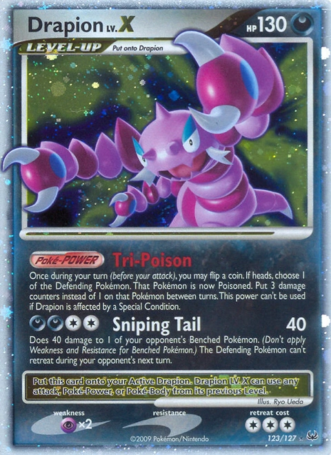 Drapion LV.X Pokémon card from Platinum, number 123 (Holo print)