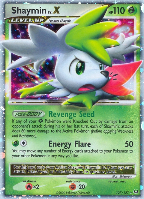 Shaymin LV.X Pokémon card from Platinum, number 127 (Holo print)