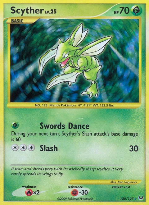 Scyther Pokémon card from Platinum, number 130 (Holo print)
