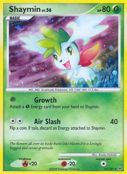 Shaymin Pokémon card from Platinum, number 15 (Holo print)