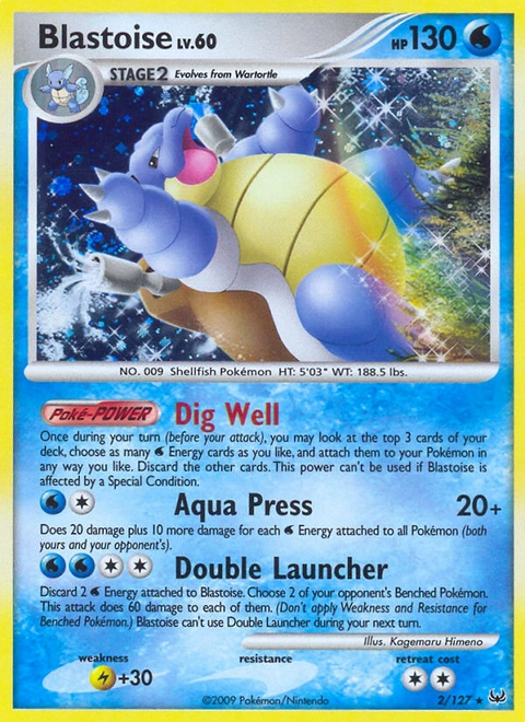 Blastoise Pokémon card from Platinum, number 2 (Holo print)