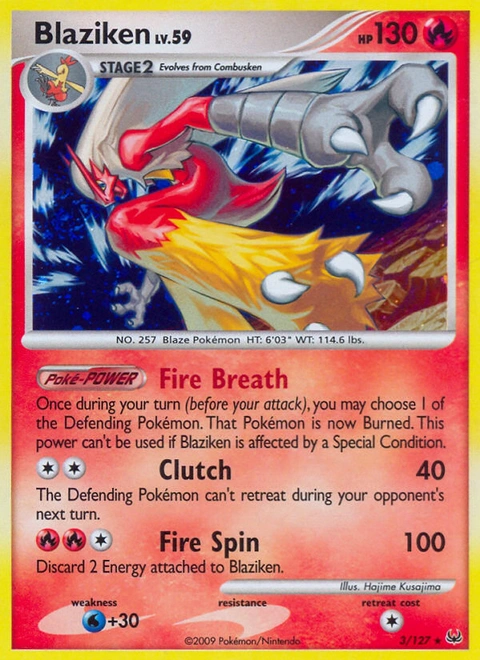 Blaziken Pokémon card from Platinum, number 3 (Holo print)