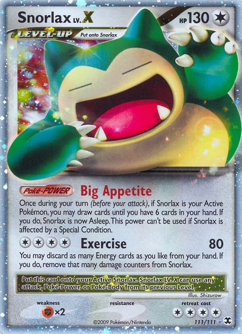 Snorlax LV.X Pokémon card from Rising Rivals, number 111 (Holo print)