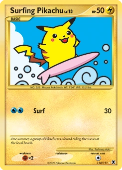 Surfing Pikachu Pokémon card, number 114