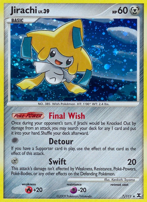 Jirachi Pokémon card from Rising Rivals, number 7 (Holo print)