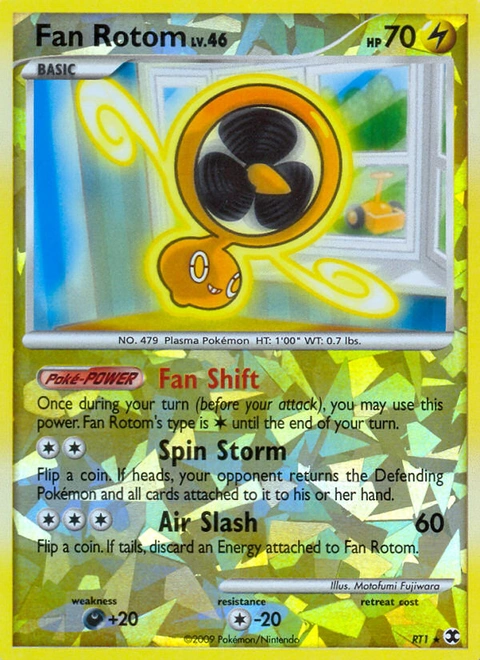 Fan Rotom Pokémon card from Rising Rivals, number RT1 (Holo print)